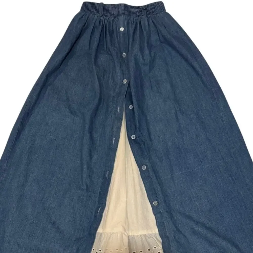 Vintage 70s Cottage Core Denim Blue Jean Skirt White Eyelet Lace Inset Size XS - Picture 7 of 10